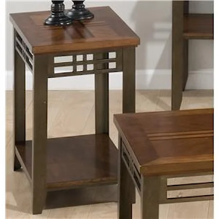 Chairside End Table with Shelf, Wood Top, & Metal Apron and Legs